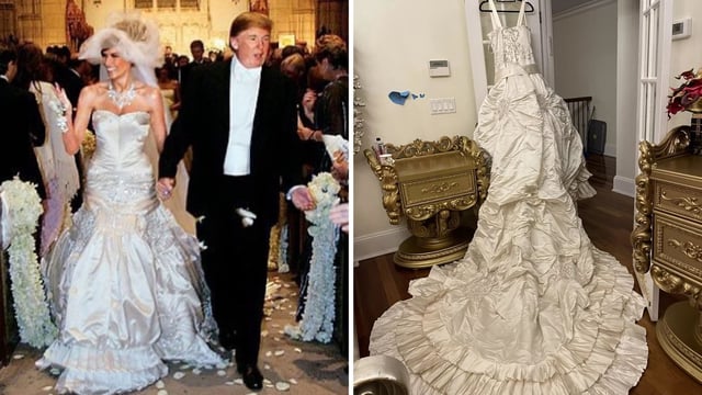 Melania Trump wearing a Christian Dior gown during her wedding with Donald Trump (L). A dress listed on eBay (R). 
