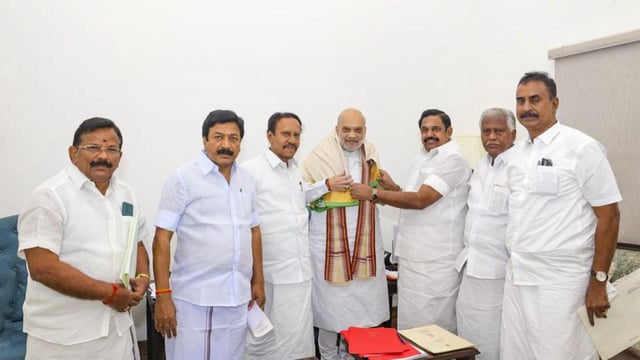 Union home minister Amit Shah with AIADMK General Secretary Edappadi K. Palaniswami and party leaders during a meeting, in New Delhi on Tuesday. (PTI)