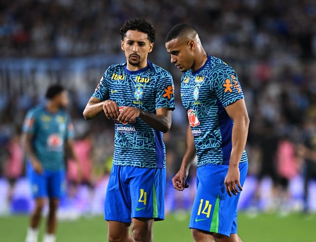 Soccer Football - World Cup - South American Qualifiers - Argentina v Brazil - Estadio Mas Monumental, Buenos Aires, Argentina - March 25, 2025 Brazil's Marquinhos and Murillo during the warm up before the match REUTERS/Rodrigo Valle/File Photo
