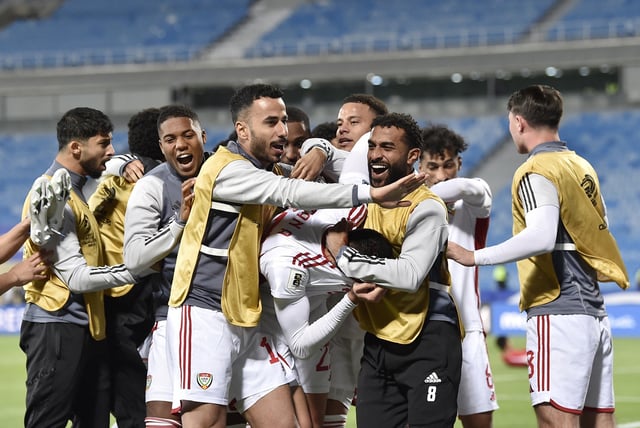 Soccer Football - World Cup - AFC Qualifiers - Third Round - Group A - North Korea v United Arab Emirates - Prince Faisal Bin Fahd Stadium, Riyadh, Saudi Arabia - March 25, 2025 United Arab Emirates' Sultan Adil celebrates scoring their second goal with teammates REUTERS/Stringer