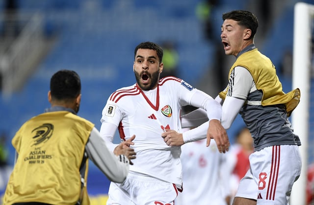 Soccer Football - World Cup - AFC Qualifiers - Third Round - Group A - North Korea v United Arab Emirates - Prince Faisal Bin Fahd Stadium, Riyadh, Saudi Arabia - March 25, 2025 United Arab Emirates' Sultan Adil celebrates scoring their second goal with teammates REUTERS/Stringer