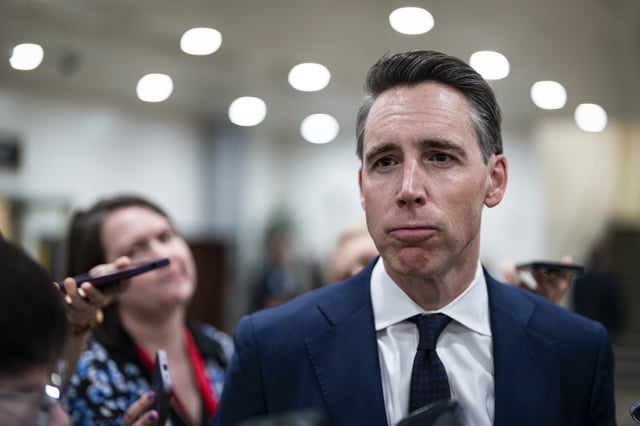 Sen. Josh Hawley of Missouri speaks to reporters prior to the Senate Republicans' weekly policy luncheon on March 25, 2025, in Washington, D.C. (Photo by Al Drago/Getty Images)