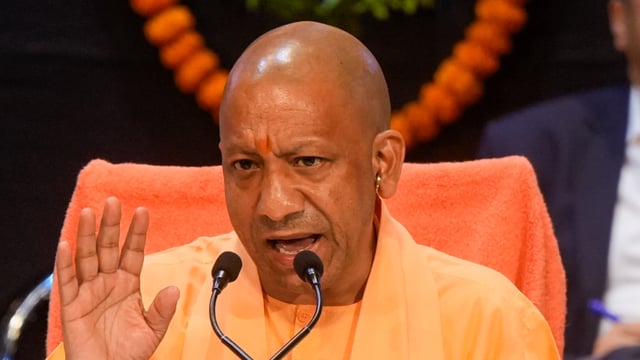 Lucknow: Uttar Pradesh Chief Minister Yogi Adityanath addresses a press conference on the completion of eight years of the state government, in Lucknow.