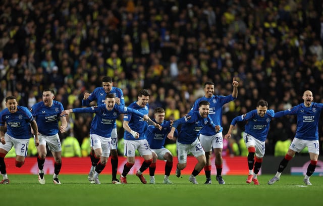 Soccer Football - Europa League - Round of 16 - Second Leg - Rangers v Fenerbahce - Ibrox, Glasgow, Scotland, Britain - March 13, 2025 Rangers players celebrate after winning the penalty shoot-out REUTERS/Russell Cheyne/File Photo