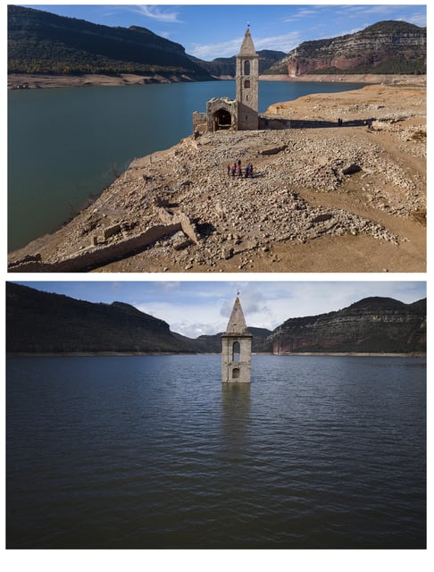 This combo of images shows from the top, an 11th century Romanesque church exposed in a reservoir in Vilanova de Sau, Catalonia, Spain, on Wednesday, Nov. 23, 2022, and the same spot on Monday, March 24, 2025. (AP Photo/Emilio Morenatti)