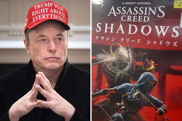 L: Elon Musk during a Cabinet Meeting in the Cabinet Room of the White House March 24, 2025 in Washington, DC, R: A package of the Assassin&#39;s Creed Shadows video game on the shelves of an electronics store in Tokyo on March 20, 2025.