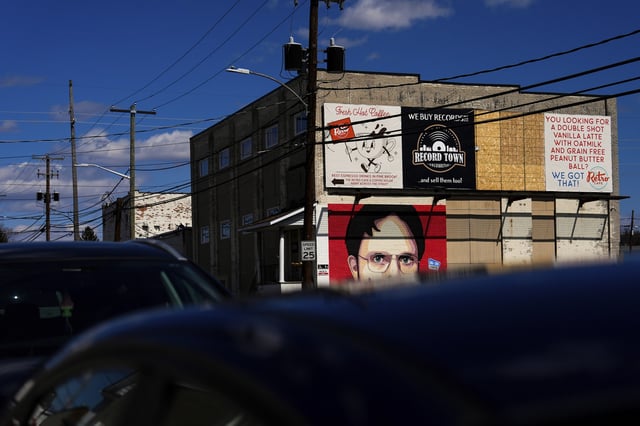 A mural of Dwight Schrute is seen in Scranton, Pa., Tuesday, March 25, 2025. (AP Photo/Julia Demaree Nikhinson)