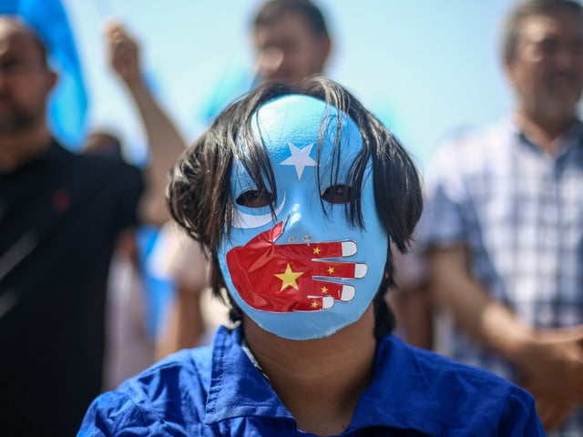 ISTANBUL, TURKEY - JULY 26: Wang Yi, who made his first visit to Turkey as Chinese Foreign Minister, was protested by the Uyghur Turks on July 26, 2023 in Istanbul, Turkey. Uyghur Turks living in Turkey gathered in front of the Consulate General of the People's Republic of China in Istanbul to protest the visit of Chinese Foreign Minister Wang Yi to Turkey and the events in East Turkestan. (Photo by Hakan Akgun/dia images via Getty Images)