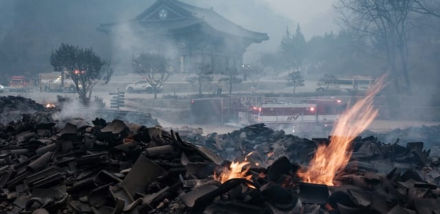 Des braises subsistent parmi les débris après que la plupart des bâtiments ont été réduits en cendres à la suite d'un feu de forêt au temple Gounsa à Uiseong, en Corée du Sud, le 26 mars 2025