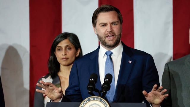 (FILES) US Vice President JD Vance and his wife Usha Vance at Vantage Plastics in Bay City, Michigan, on March 14, 2025.
