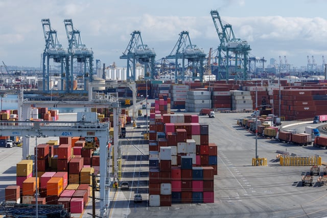 A drone view shows shipping containers from China, at the China Shipping (North America) Holding Company Ltd. facility at the Port of Los Angeles in Wilmington, California, February 4, 2025. REUTERS/Mike Blake/File Photo