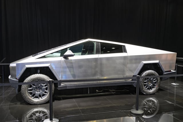 Tesla Cybertruck battery electric pickup truck on display at the 2025 Autosalon on January 10, 2025 in Brussels, Belgium.