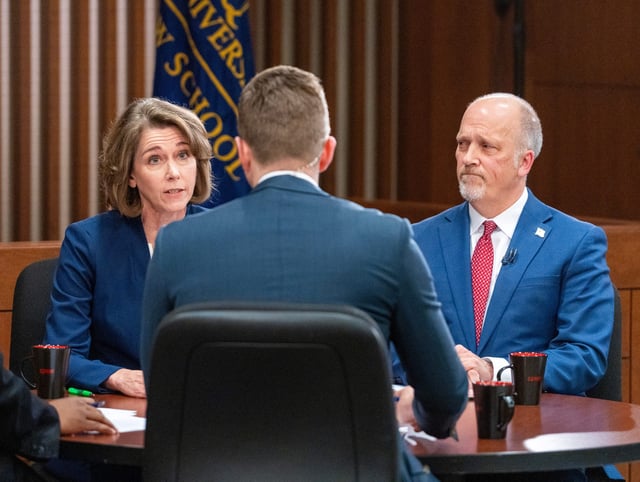 Dane County Judge and Wisconsin Supreme Court Candidate Susan Crawford, left, Supreme Court candidate and Waukesha County Judge Brad Schimel respond to questions from WISN 12 Political Director Matt Smith during the WISN 12 Commitment 2025 Wisconsin Supreme Court Debate at the Lubar Center at Marquette University Law Schoolâ€™s Eckstein Hall, March 12, 2025 in Milwaukee.
