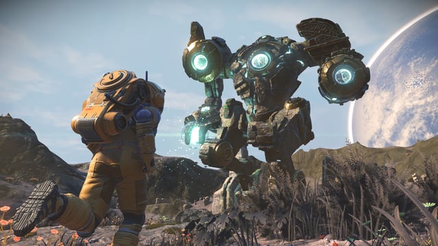 An ancient, angry stone mech from No Man's Sky's new Relics update