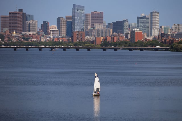 A sailboat makes its way along the Charles River in front of the skyline of Boston, Massachusetts, U.S., August 4, 2017.   REUTERS/Brian Snyder/File Photo
