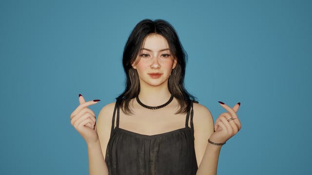 A female Zoi making two hearts with her fingers.
