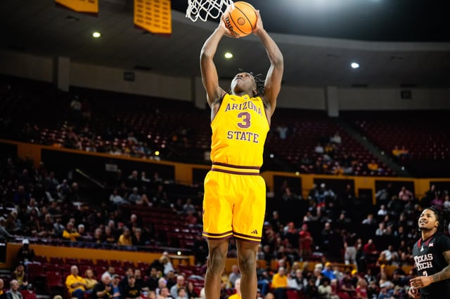Mar 8, 2025; Tempe, Arizona, USA; Arizona State Sun Devils guard Joson Sanon (3) dunks during the second half against the Texas Tech Red Raiders at Desert Financial Arena. Mandatory Credit: Arianna Grainey-Imagn Images/File Photo