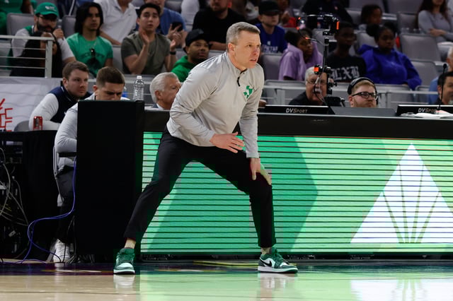 Mar 15, 2025; Fort Worth, TX, USA;  North Texas Mean Green head coach Ross Hodge reacts against the UAB Blazers during the first half at Dickies Arena. Mandatory Credit: Chris Jones-Imagn Images/File Photo