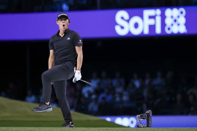 Colin Morikawa of Los Angeles Golf Club reacts to a shot on the first hole during their TGL presented by SoFi match against Boston Common Golf at SoFi Center on February 04, 2025 in Palm Beach Gardens, Florida.