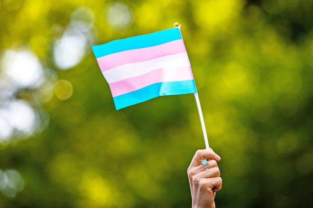 Transgender rights activist waves a transgender flag at a rally in New York City on May 24, 2019.