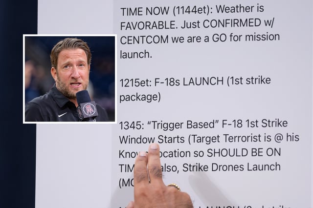 Barstool founder and CEO Dave Portnoy is seen before the Florida Atlantic Owls and Loyola (Il) Ramblers game in the Barstool Invitational at Wintrust Arena on November 8, 2023 in Chicago, Illinois. Main: U.S. Rep. Raja Krishnamoorthi (D-IL) points to text messages by Defense Secretary Pete Hegseth during an annual worldwide threats assessment hearing at the Longworth House Office Building on March 26, 2025 in Washington, DC.