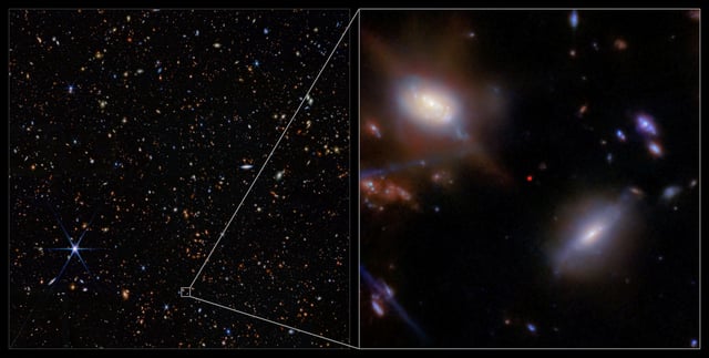 An area of deep space observed by the James Webb Space Telescope is covered by a scattering of galaxies as well as a few nearby stars, and a small square is shown zoomed in, in the center of which, a red dot is the galaxy JADES-GS-z13-1, observed as it was 330 million years after the Big Bang, in this undated handout image.      ESA/Webb, NASA & CSA, JADES Collaboration, J. Witstok, P. Jakobsen, A. Pagan (STScI), M. Zamani (ESA/Webb)/Handout via REUTERS