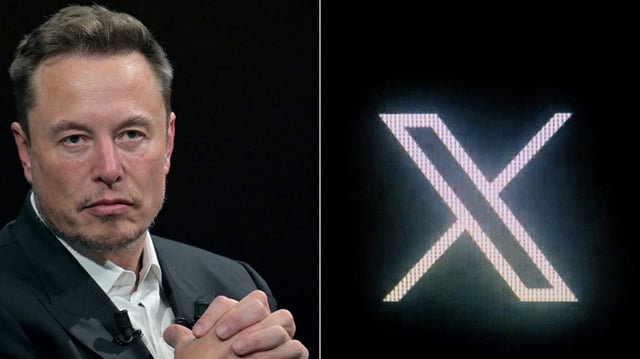 This combination of pictures created on Oct. 10, 2023, shows (left) SpaceX, Twitter and electric car maker Tesla CEO Elon Musk during his visit at the Vivatech technology startups and innovation fair at the Porte de Versailles exhibition center in Paris, on June 16, 2023, and (right) the new Twitter logo rebranded as X, pictured on a screen in Paris on July 24, 2023. The EU’s digital chief Thierry Breton warned Elon Musk on Oct. 10, 2023, that his platform X, formerly Twitter, is spreading “illegal content and disinformation,” in a letter seen by AFP. (Alain Jocard/AFP via Getty Images/TNS)