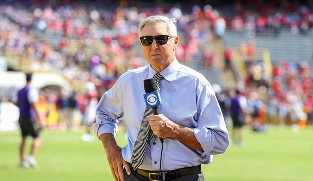 2K8HKPH Baton Rouge, LA, USA. 22nd Oct, 2022. CBS announcer Gary Danielson prepares for a pregame interview prior to NCAA football game action between the Ole Miss Rebels and the LSU Tigers at Tiger Stadium in Baton Rouge, LA. Jonathan Mailhes/CSM/Alamy Live News