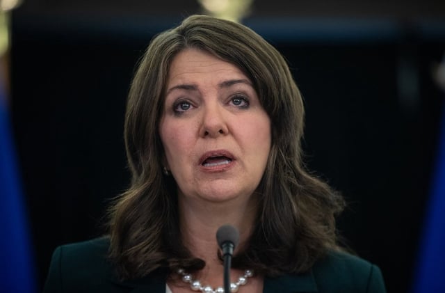 Alberta Premier Danielle Smith speaks in Edmonton on Thursday, Oct. 31, 2024. Smith is getting set to fly to Florida for an event hosted by a far-right U.S. influencer, with her chief of staff calling the foray a patriotic act of courage by a “noble” leader. 