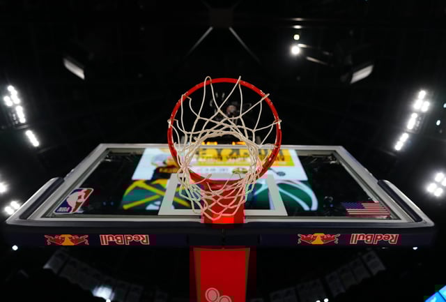 Mar 15, 2025; Denver, Colorado, USA; General view of a net inside Ball Arena before the game between the Washington Wizards against the Denver Nuggets. Mandatory Credit: Ron Chenoy-Imagn Images/File Photo