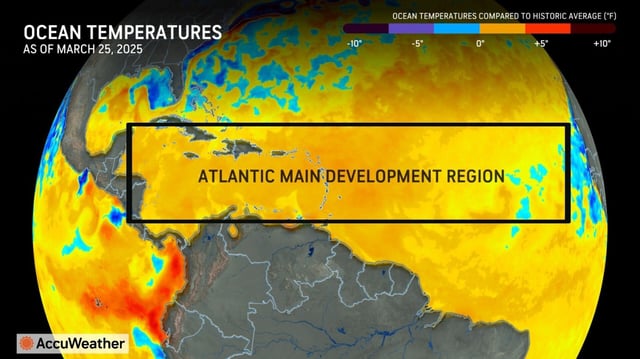 This map shows ocean temperatures compared to historic averages as of March 25, 2025. Warmer colors indicated a greater elevation from normal temperatures. (Courtesy AccuWeather)