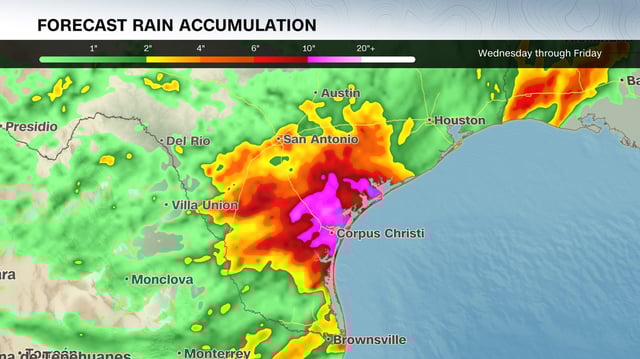 Heavy rain with totals in the double digits will ramp up flood risks in Texas.