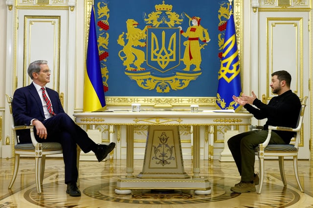 Ukraine's President Volodymyr Zelenskiy meets with U.S. Secretary of the Treasury Scott Bessent, amid Russia's attack on Ukraine, in Kyiv, Ukraine, February 12, 2025. REUTERS/Valentyn Ogirenko/File Photo