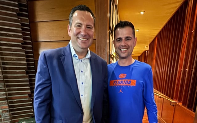 Florida coach Todd Golden (right) and John Duggan, owner of Original Joe’s, pictured March 25 in the San Francisco restaurant, which was Golden’s favorite during six seasons at a coach at USF. (Edgar Thompson/Orlando Sentinel)