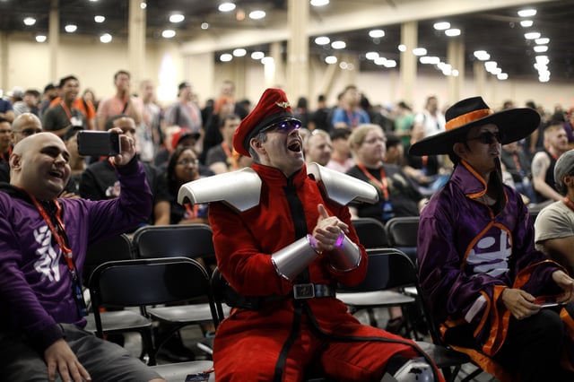 LAS VEGAS, NEVADA - AUGUST 02: David Proctor cheers on competitors during day one of the 2019 Evolution Championship Series at Mandalay Bay Resort and Casino on August 02, 2019 in Las Vegas, Nevada.
