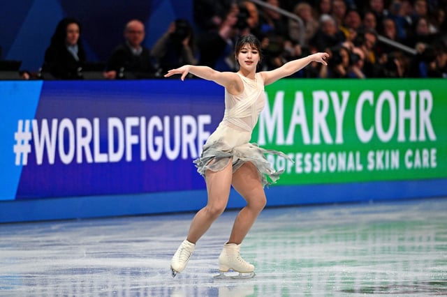 Mar 26, 2025; Boston, Massachusetts, USA; Alysa Liu (USA) competes in the Women’s Short Program during the ISU World Figure Skating Championships at TD Garden. Mandatory Credit: Brian Fluharty-Imagn Images