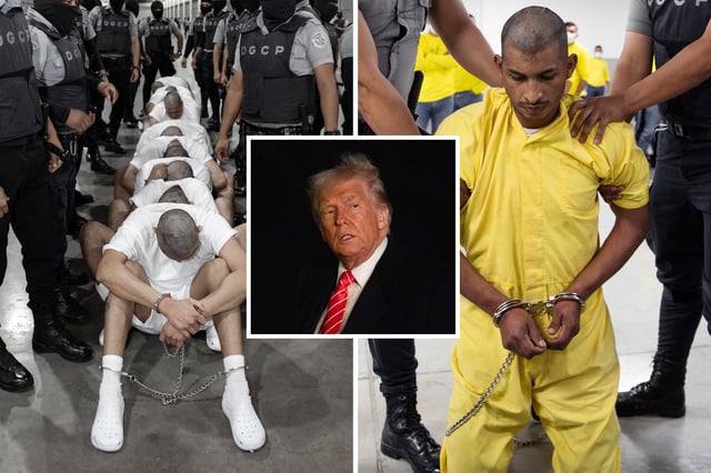 U.S. President Donald Trump (center) invoked the Alien Enemies Act when removing over 200 suspected Venezuelan gang members on March 15, 2025. They were sent to a Salvadoran prison (left, right) without court hearings, a move facing legal challenges.