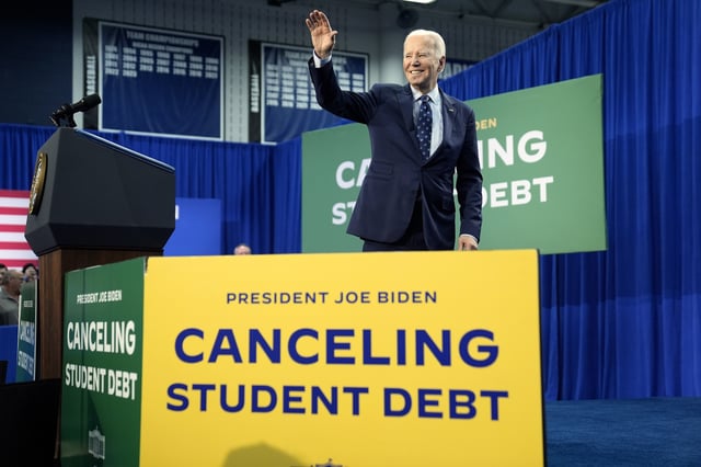 FILE - President Joe Biden departs after delivering remarks on student loan debt at Madison College, Monday, April 8, 2024, in Madison, Wis. (AP Photo/Evan Vucci, File)