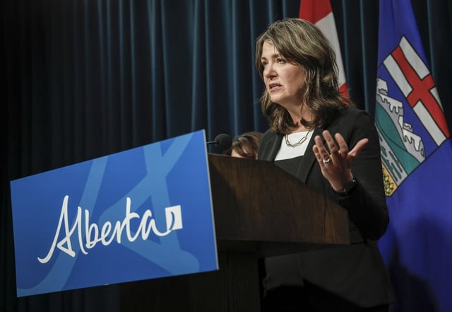 Alberta Premier Danielle Smith speaks at a press conference in Calgary, Alta., Wednesday, Feb. 19, 2025. 