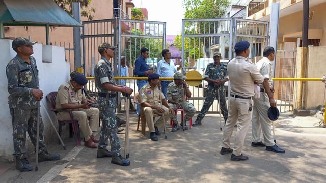 Security personnel at the residence of Chhattisgarh former chief minister Bhupesh Baghel during a CBI raid, in Bhilai on Wednesday. (PTI)