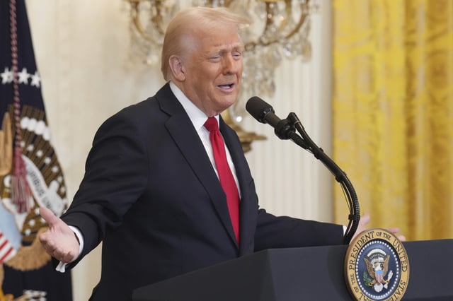 President Donald Trump speaks at a reception celebrating Women&#39;s History Month in the East Room of the White House, Wednesday, March 26, 2025, in Washington.