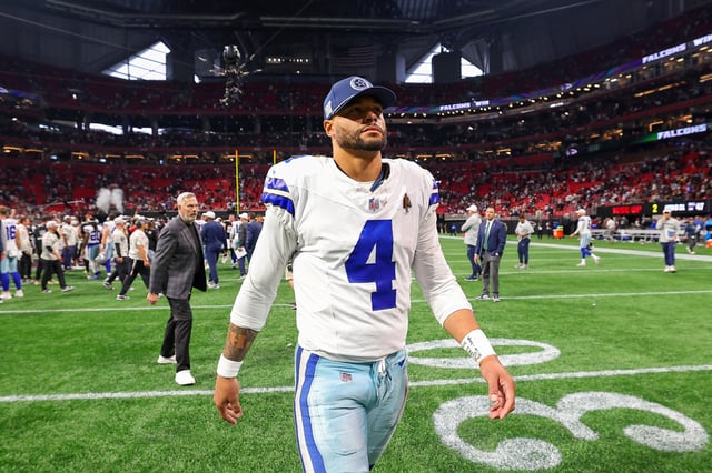 Dak Prescott #4 of the Dallas Cowboys walks off the field after a loss to the Atlanta Falcons at Mercedes-Benz Stadium on November 03, 2024 in Atlanta, Georgia.