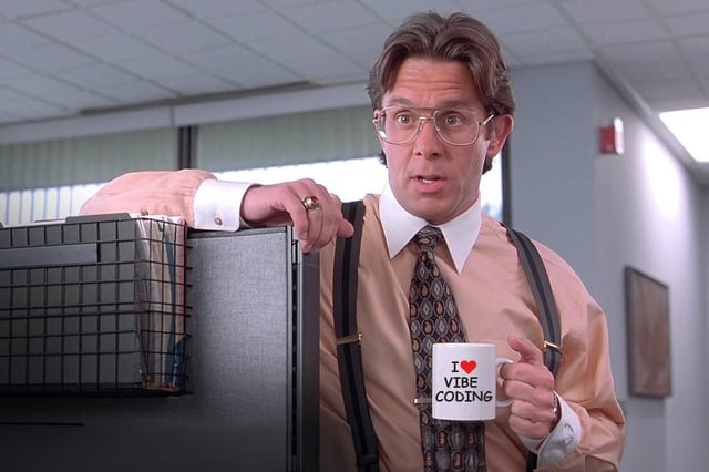 A man wearing suspenders is holding a coffee mug that says “I Love Vibe Coding”, smiling as he enjoys his drink.