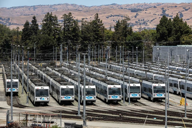 Rail cars at Santa Clara Valley Transportation Authority in San Jose seen in 2021. A judge ordered striking VTA employees back to work Wednesday after more than two weeks of halted public service.