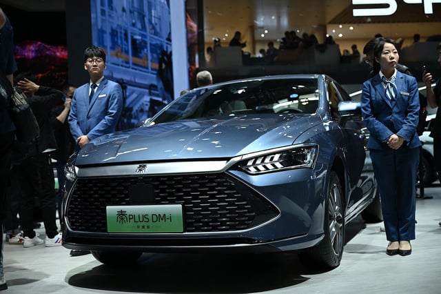 A BYD Qin is on display at the auto show in China, Beijing, April 25, 2025.