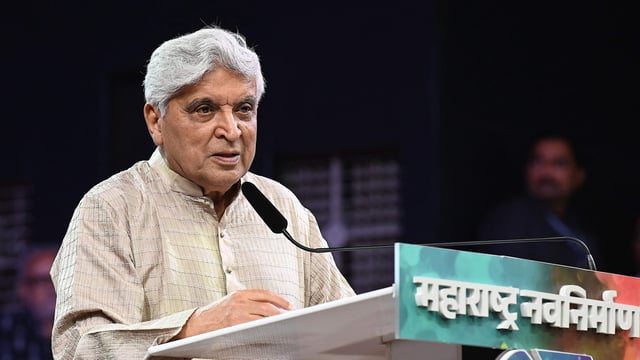 Screenwriter, lyricist and poet Javed Akhtar attends an event celebrating 'Marathi Bhasha Gaurav Diwas,' also known as Marathi Language Day, in Mumbai on February 27, 2025. 