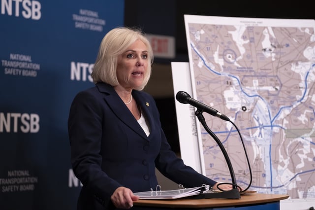National Transportation Safety Board (NTSB) Chairwoman Jennifer Homendy speaks about the recent mid-air collision of an American Airlines flight and a Black Hawk helicopter near Ronald Reagan Washington National Airport, at a news conference in Washington, Tuesday, March 11, 2025. (AP Photo/Ben Curtis)