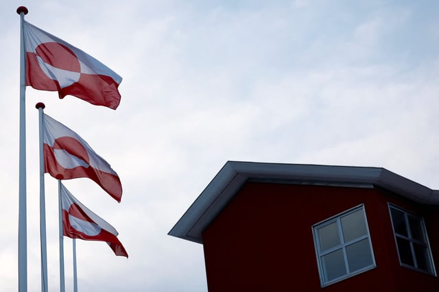 Greenland flags flutter in front of the Danish territory's Parliament in Nuuk, on Feb. 13, 2025.