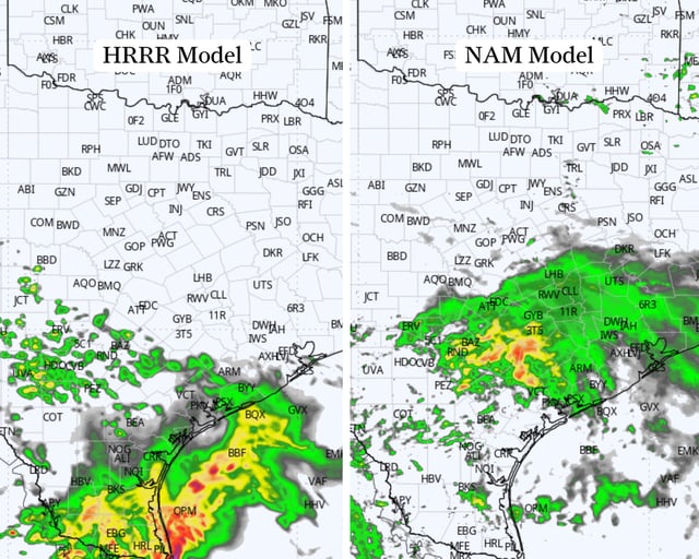 These two models show two very different weather scenarios Thursday morning across Texas. The High-Resolution Rapid Refresh model, left, depicts heavy rainfall across the lower and middle Texas Gulf Coast. The North American Mesoscale model, right, suggests heavier downpours will be west of Houston.