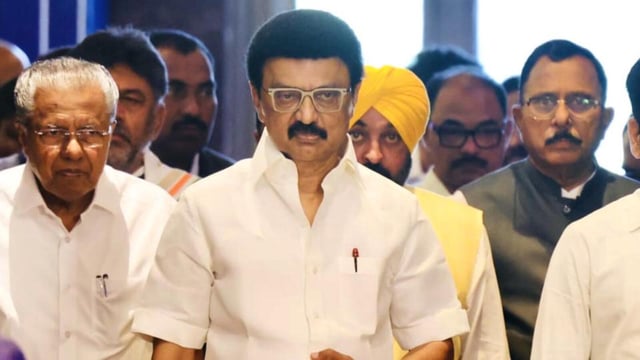 Chennai: Tamil Nadu chief minister MK Stalin, with other leaders ahead of the first Joint Action Committee (JAC) meeting of states over the proposed delimitation of parliamentary seats by the Centre, on March 22 (PTI FILE)